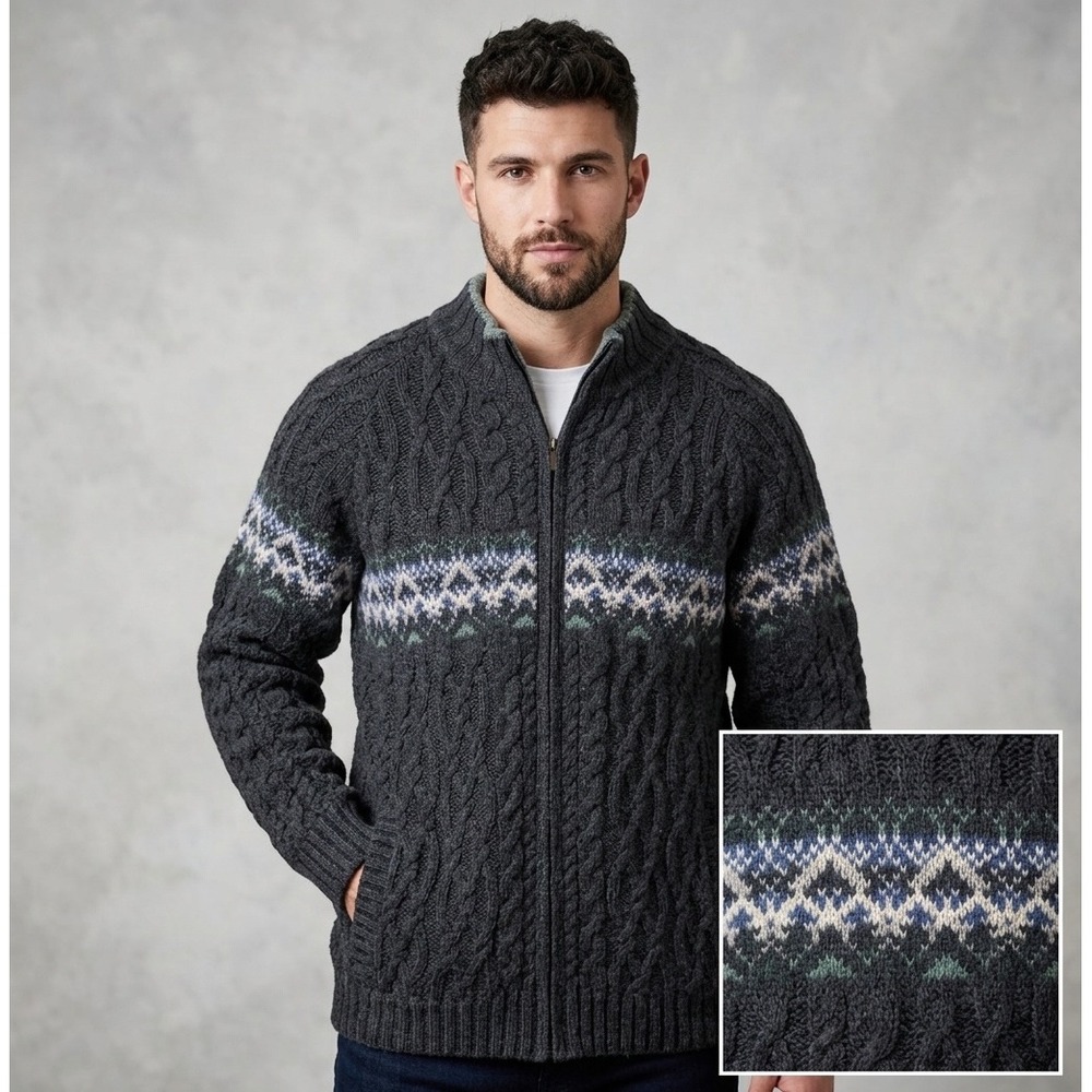 Inis Crafts Mens XL Merino Wool Full Zip Cable Knit Fair Isle Sweater Ireland